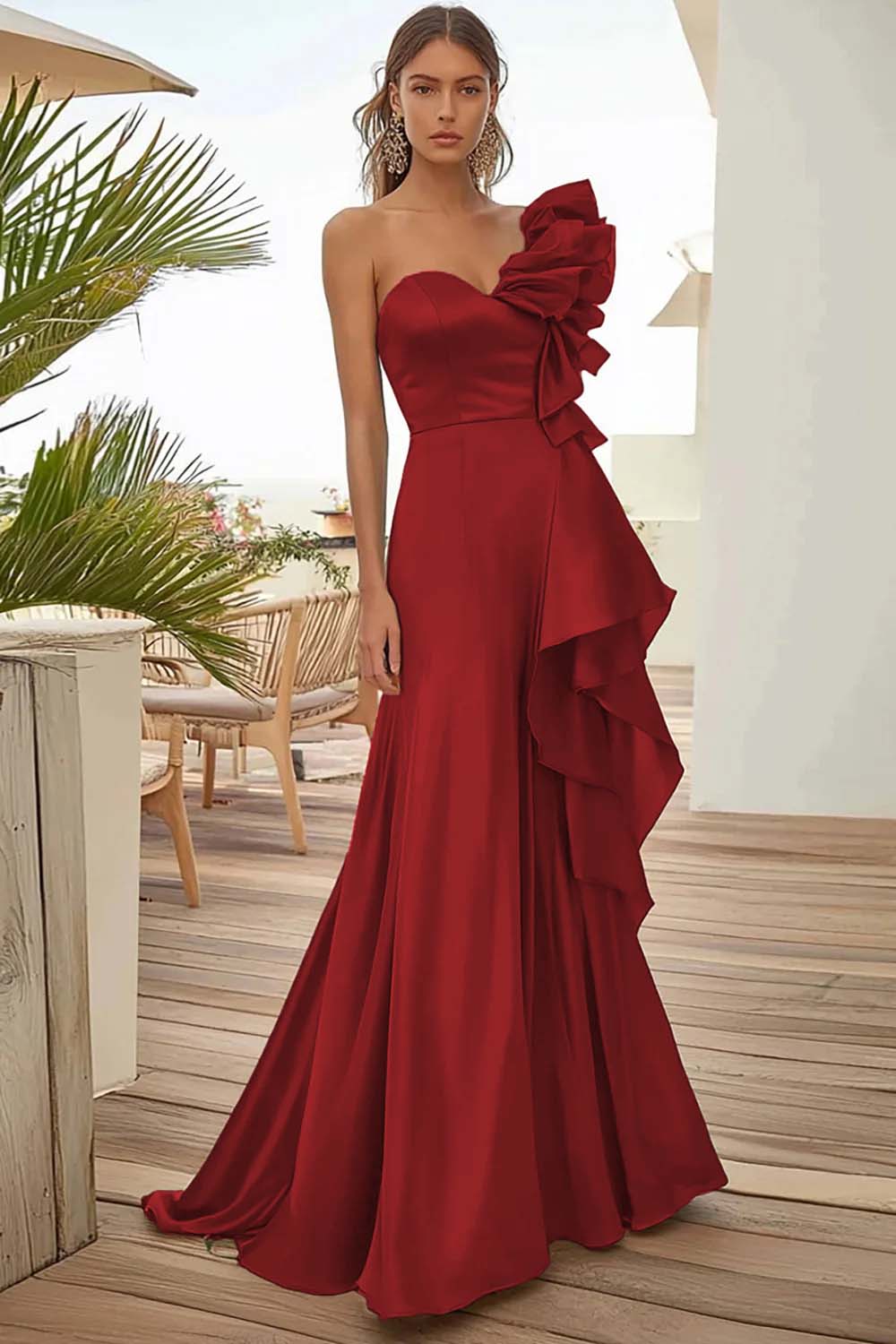 Black One Shoulder Long Evening Dress With Ruffles - Image 4