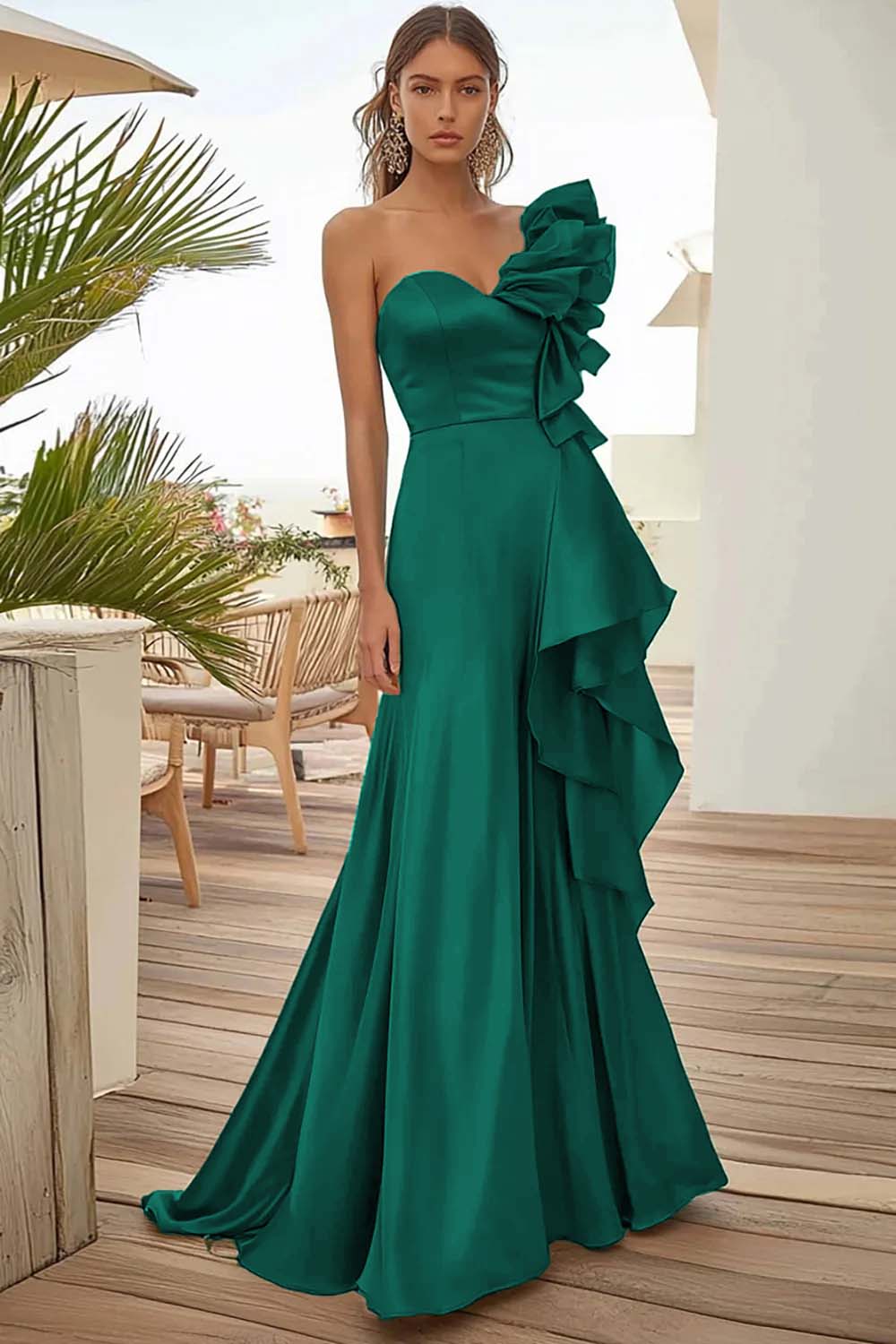 Black One Shoulder Long Evening Dress With Ruffles - Image 5