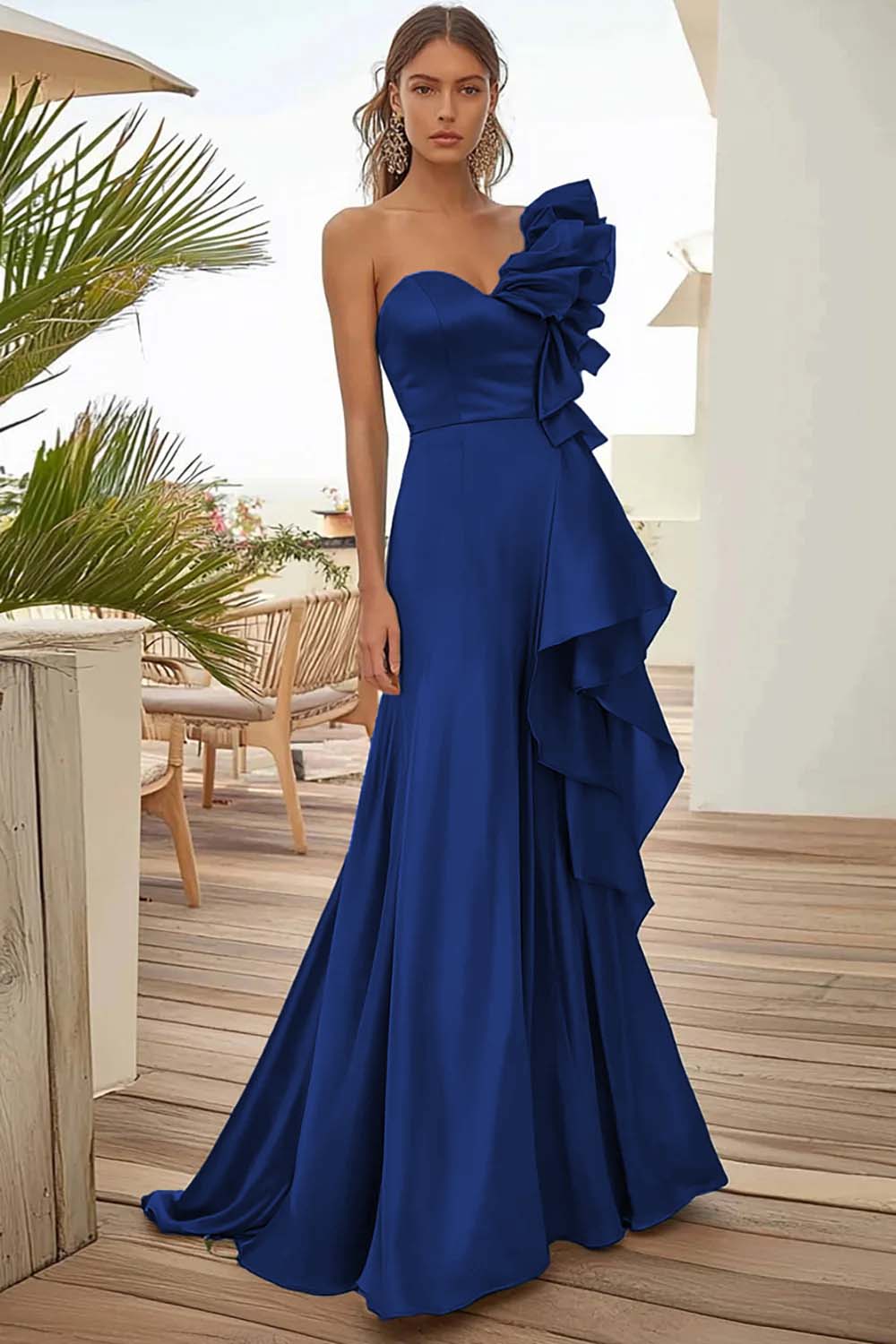 Black One Shoulder Long Evening Dress With Ruffles - Image 6