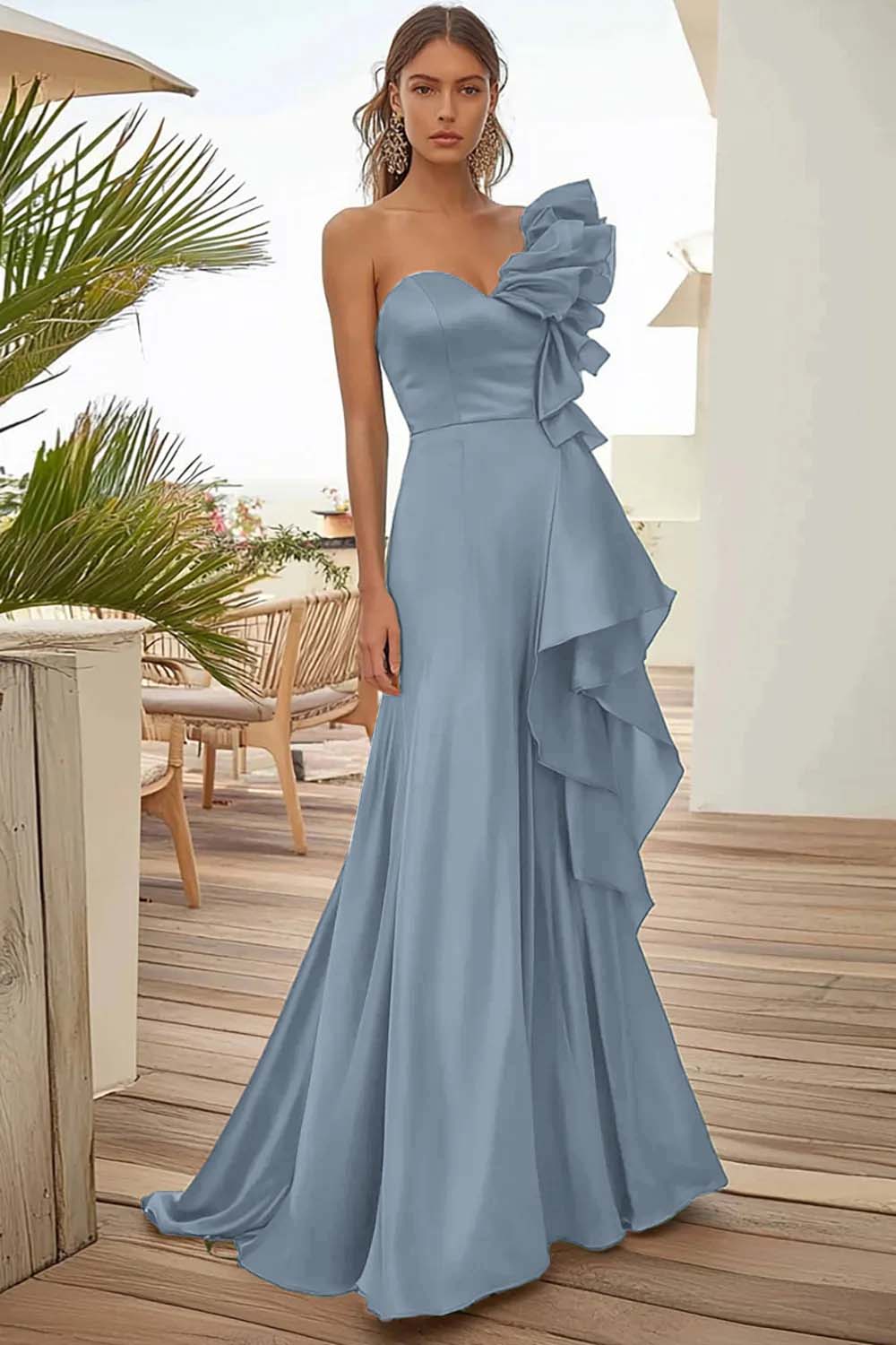 Black One Shoulder Long Evening Dress With Ruffles - Image 7