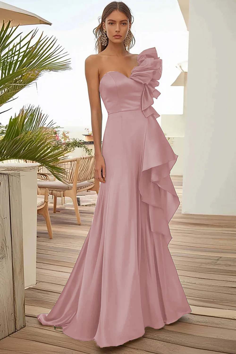 Black One Shoulder Long Evening Dress With Ruffles - Image 8