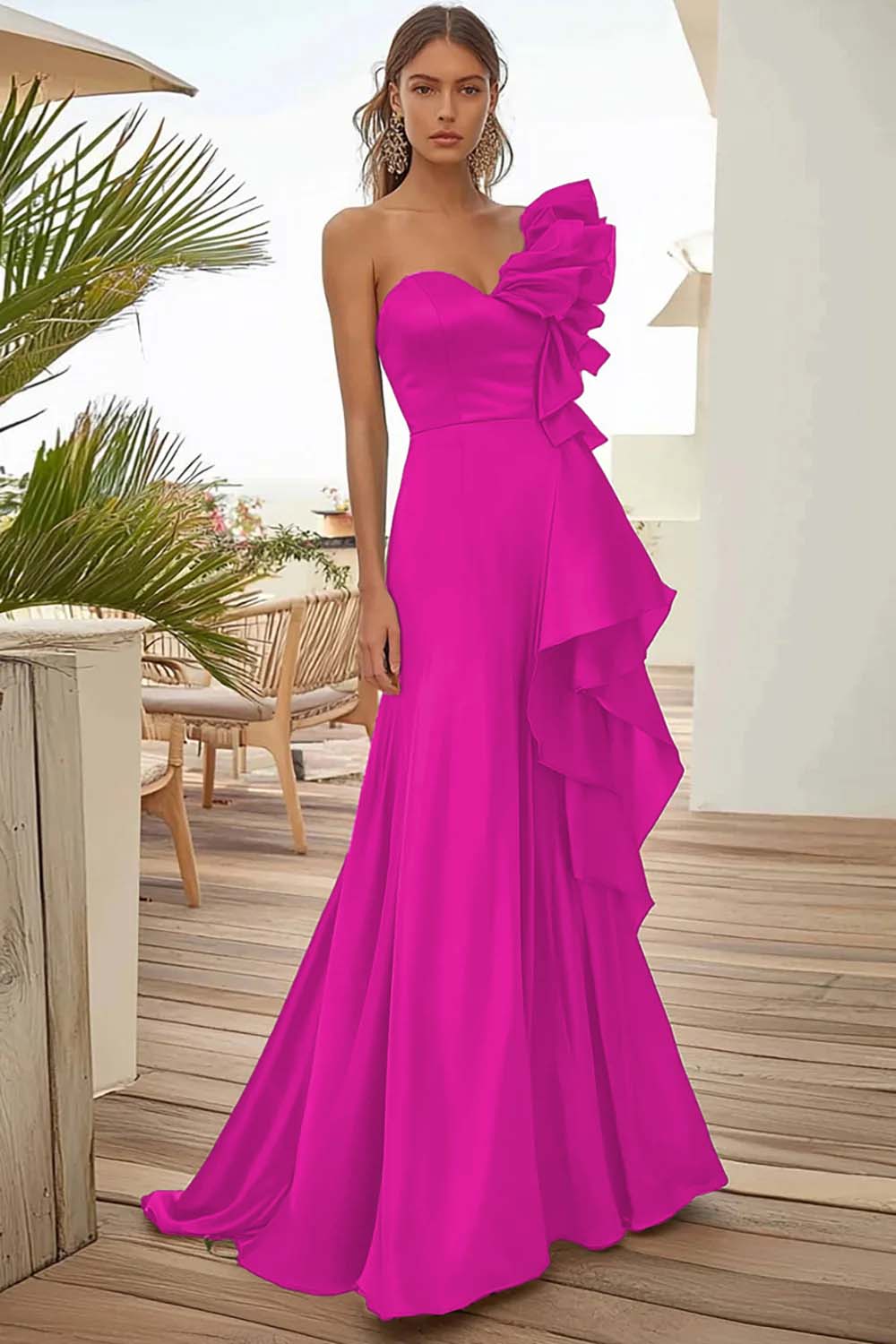 Black One Shoulder Long Evening Dress With Ruffles - Image 9