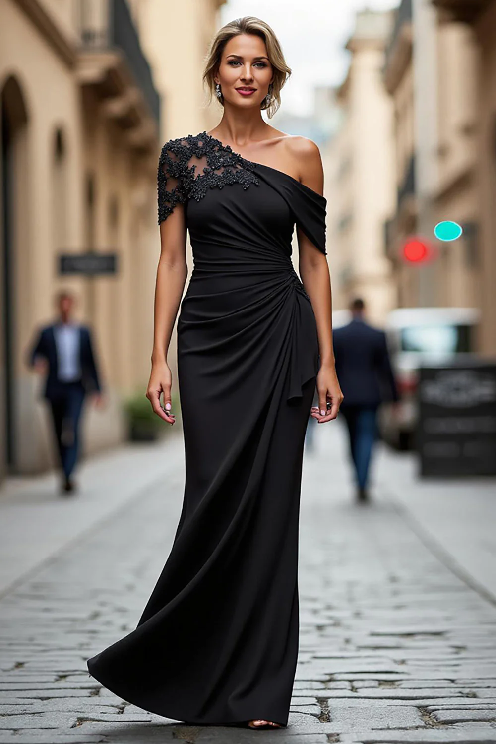 Black One Shoulder Mermaid Appliqued Long Choir Dress - Image 3