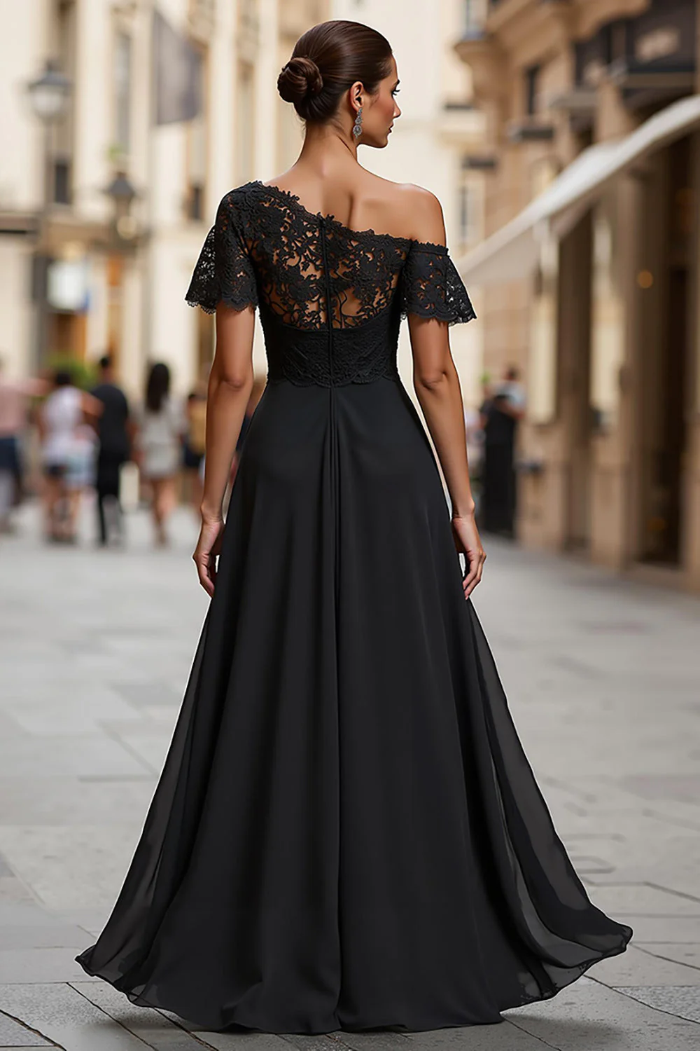 Black One Shoulder Ruched Long Mother of the Bride Dress with Lace - Image 2