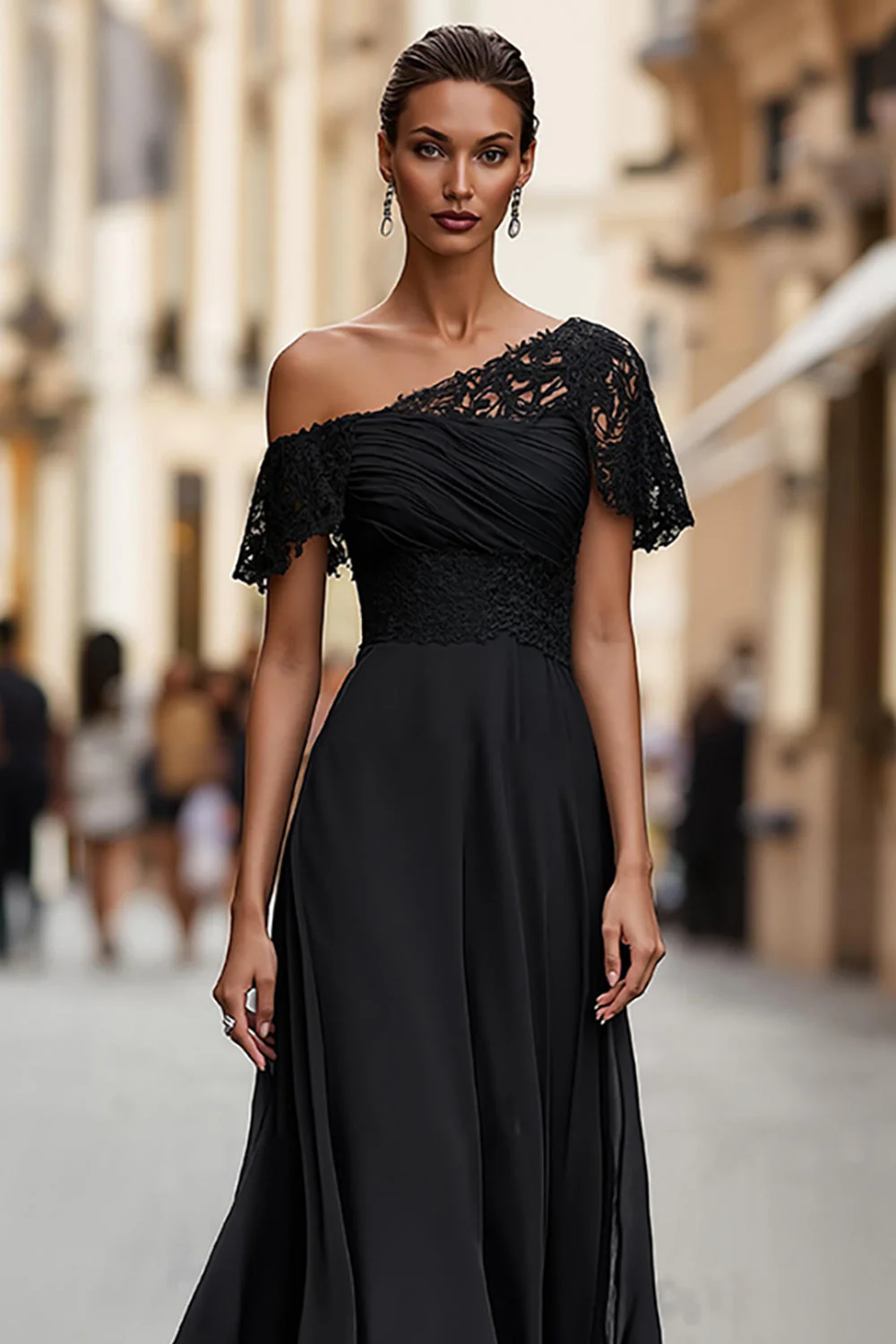 Black One Shoulder Ruched Long Mother of the Bride Dress with Lace - Image 3