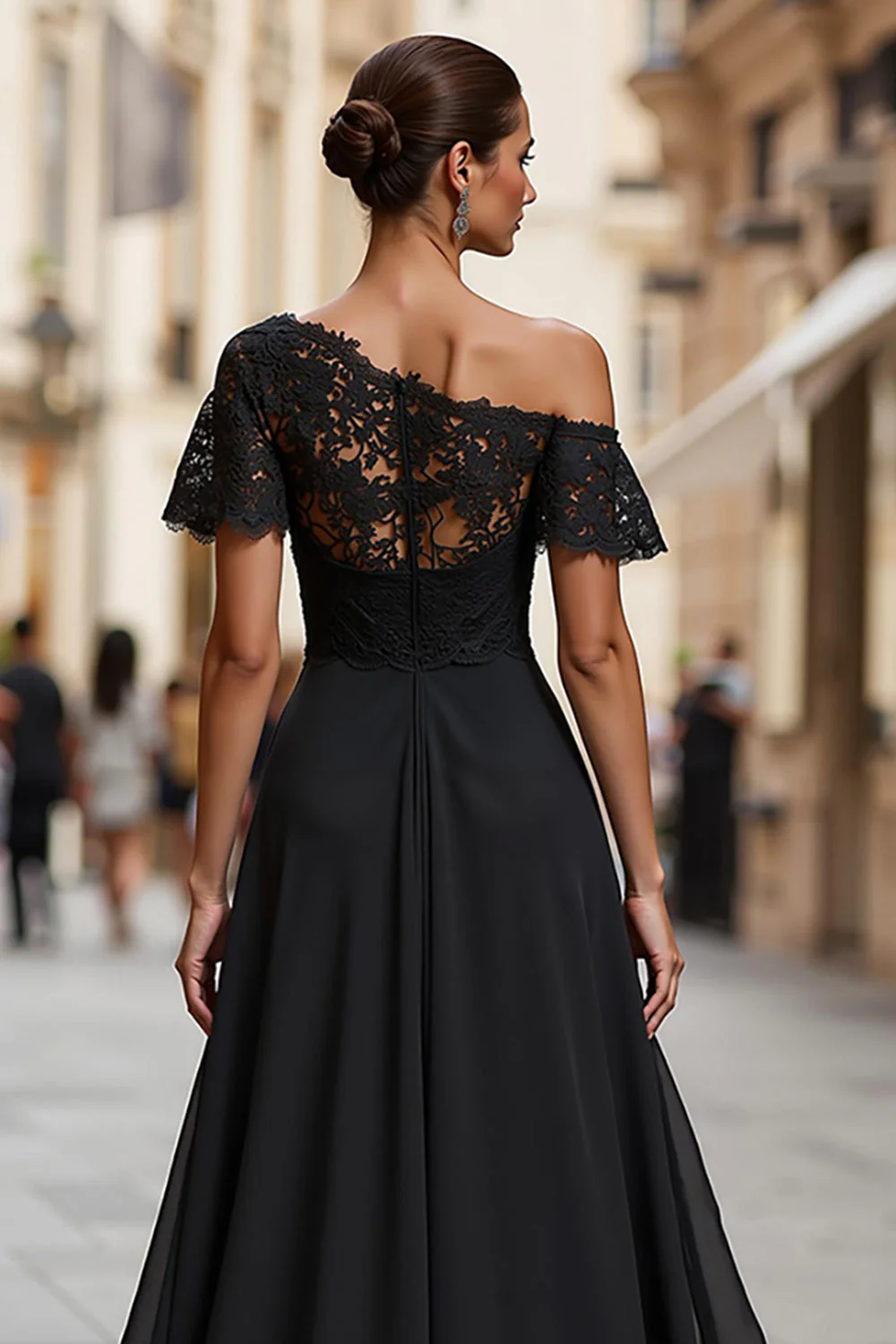 Black One Shoulder Ruched Long Mother of the Bride Dress with Lace - Image 4