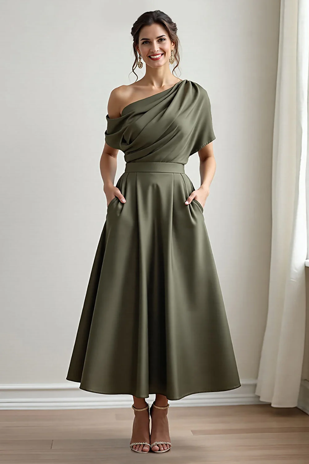 Black One Shoulder Satin A Line Choir Dress with Pockets - Image 10