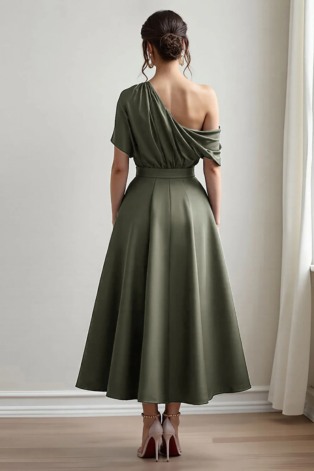 Black One Shoulder Satin A Line Choir Dress with Pockets - Image 11