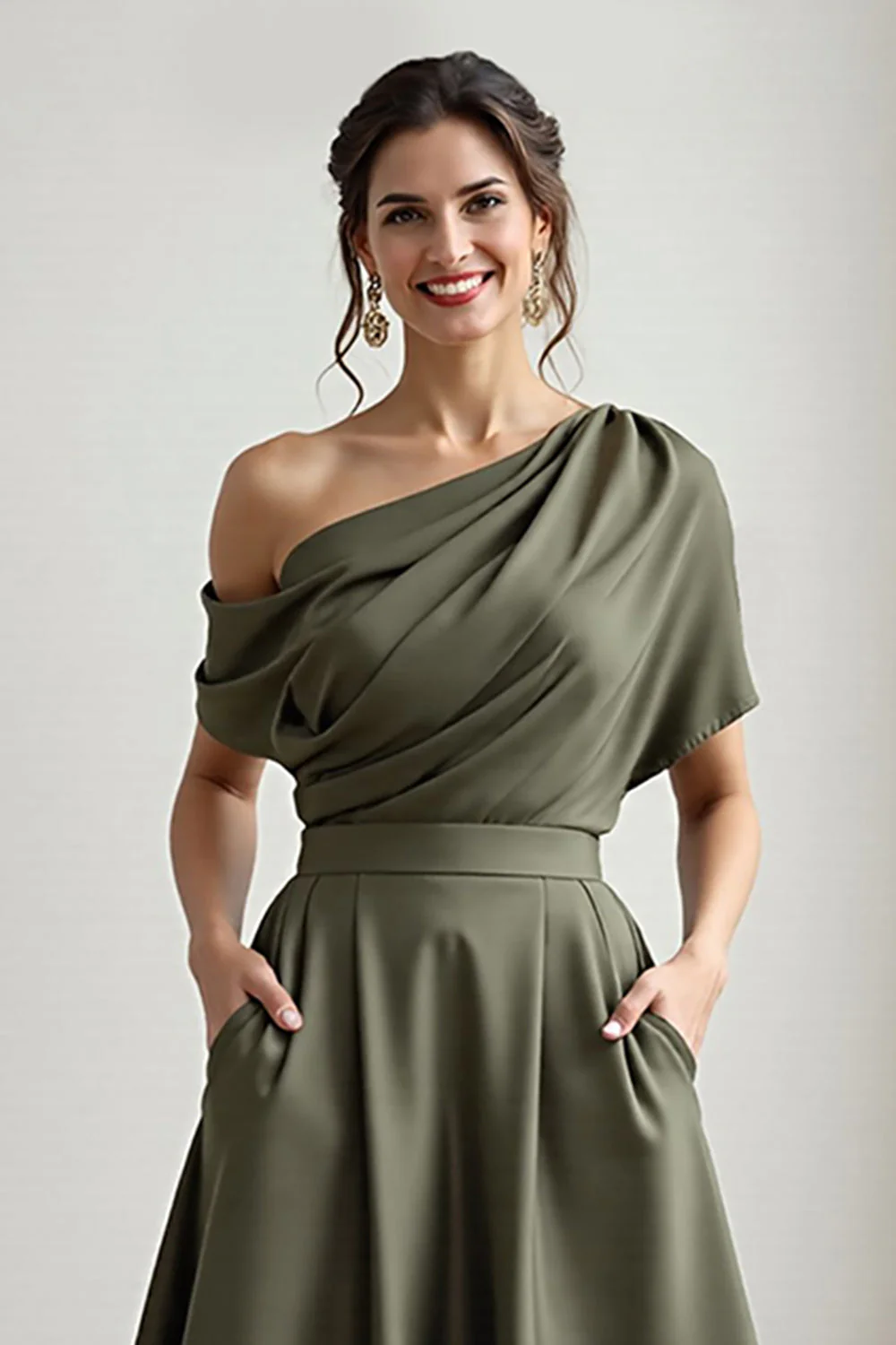 Black One Shoulder Satin A Line Choir Dress with Pockets - Image 12