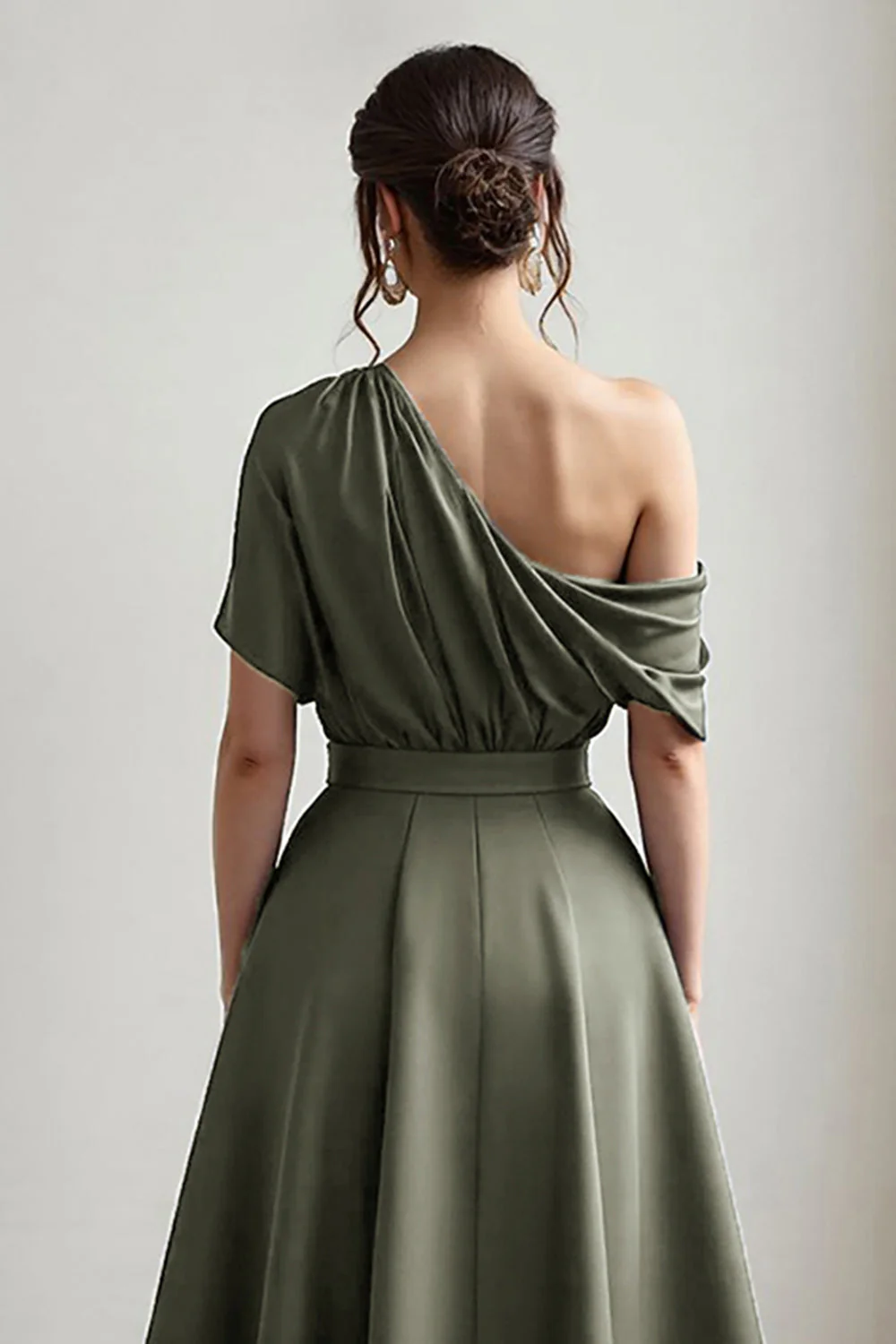 Black One Shoulder Satin A Line Choir Dress with Pockets - Image 13