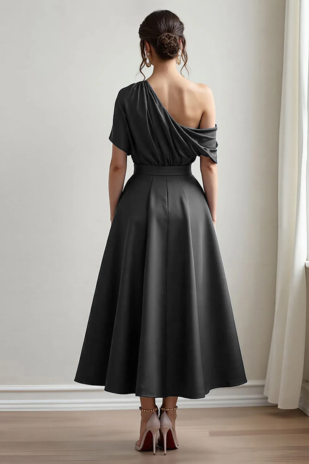 Black One Shoulder Satin A Line Choir Dress with Pockets - Image 2