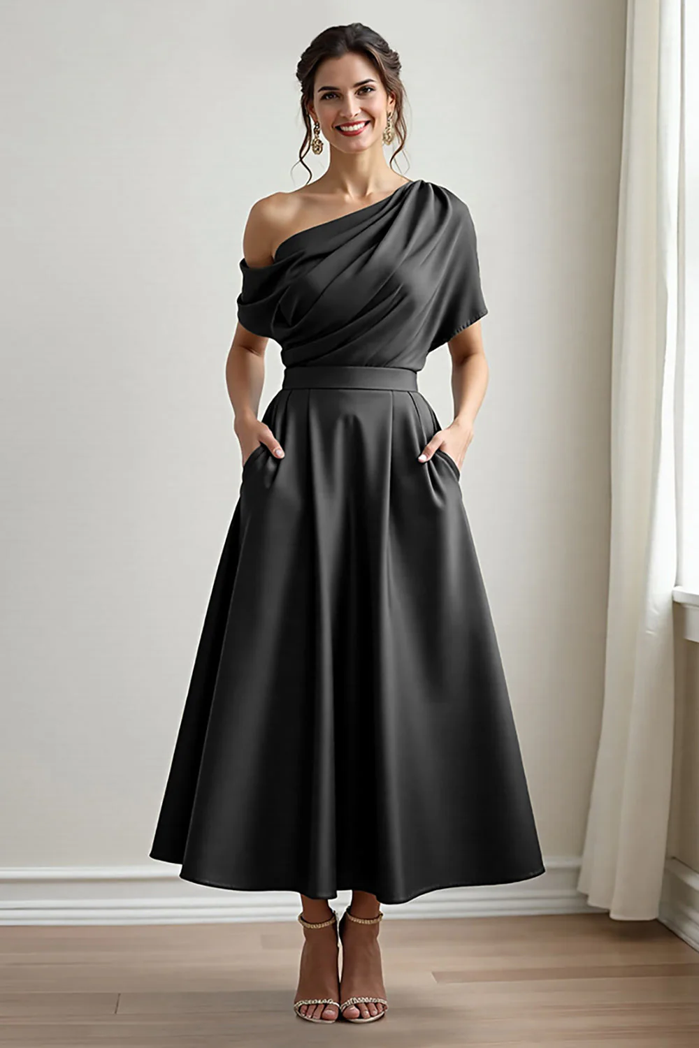Black One Shoulder Satin A Line Choir Dress with Pockets - Image 3