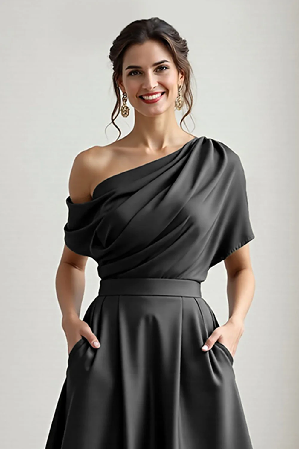 Black One Shoulder Satin A Line Choir Dress with Pockets - Image 4