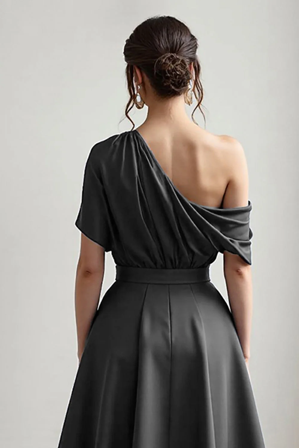 Black One Shoulder Satin A Line Choir Dress with Pockets - Image 5