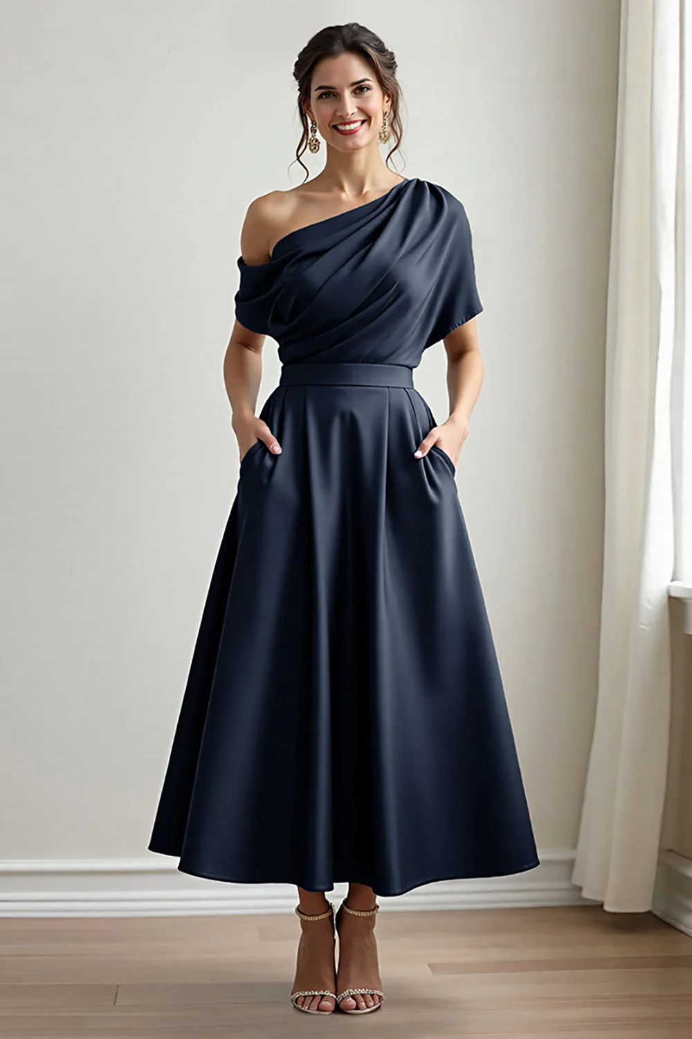 Black One Shoulder Satin A Line Choir Dress with Pockets - Image 6