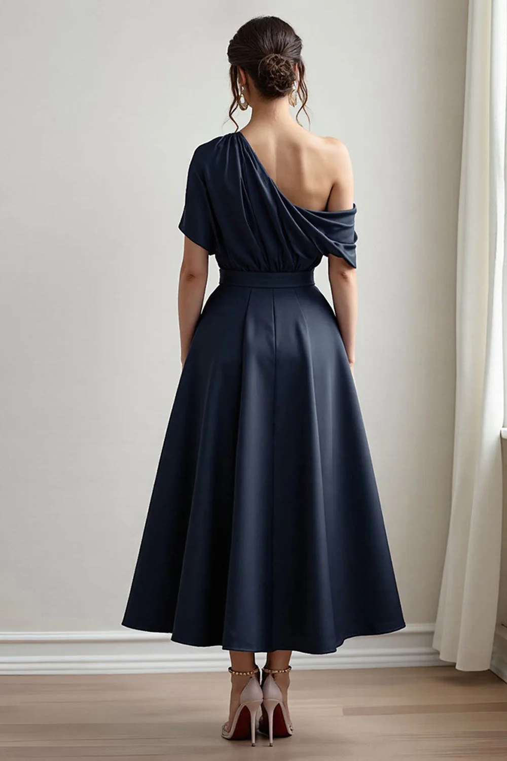 Black One Shoulder Satin A Line Choir Dress with Pockets - Image 7