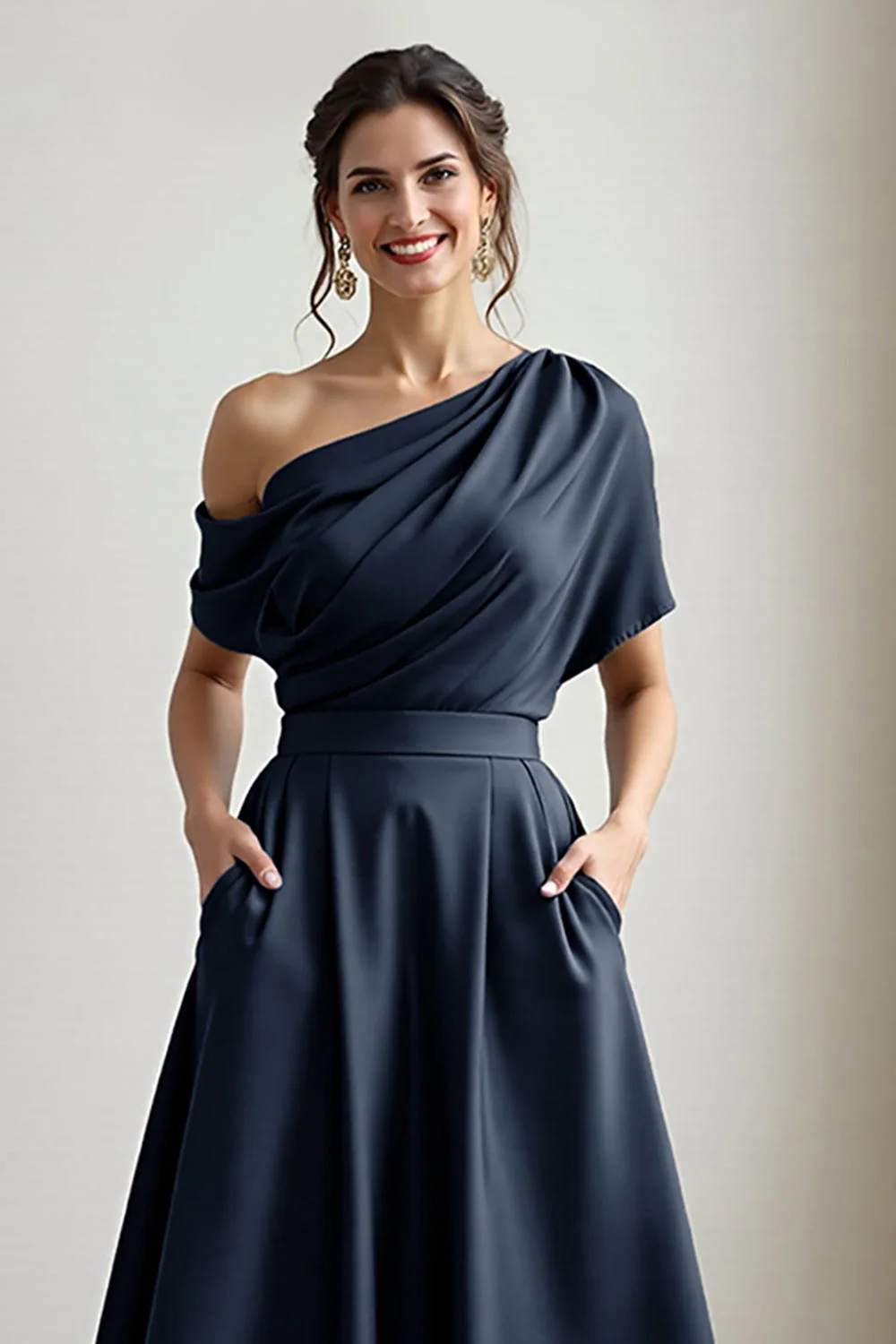 Black One Shoulder Satin A Line Choir Dress with Pockets - Image 8