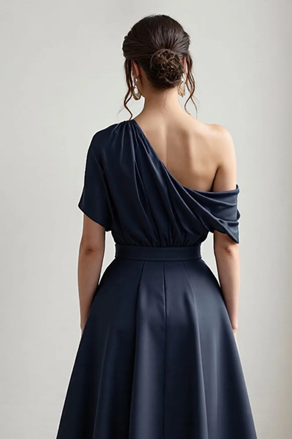 Black One Shoulder Satin A Line Choir Dress with Pockets - Image 9
