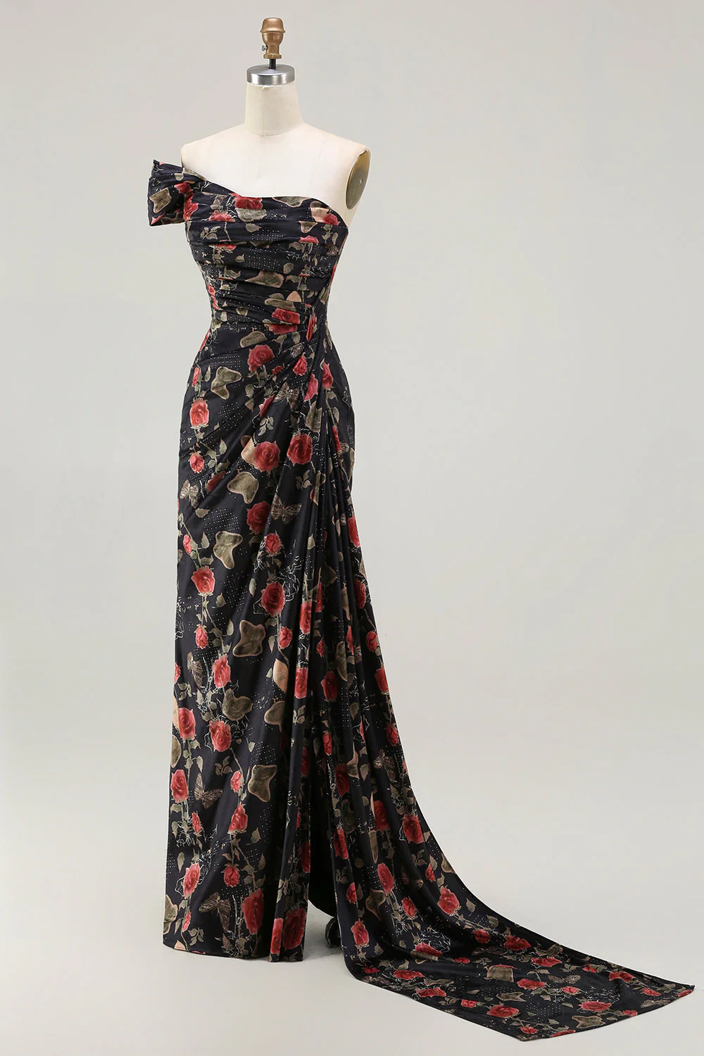 Black One Shoulder Sheath Red Floral Print Long Prom Dress with Flowing Train - Image 3
