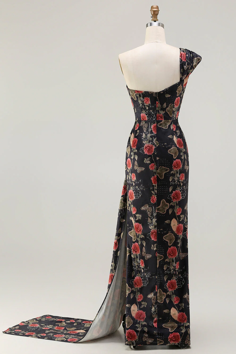 Black One Shoulder Sheath Red Floral Print Long Prom Dress with Flowing Train - Image 5