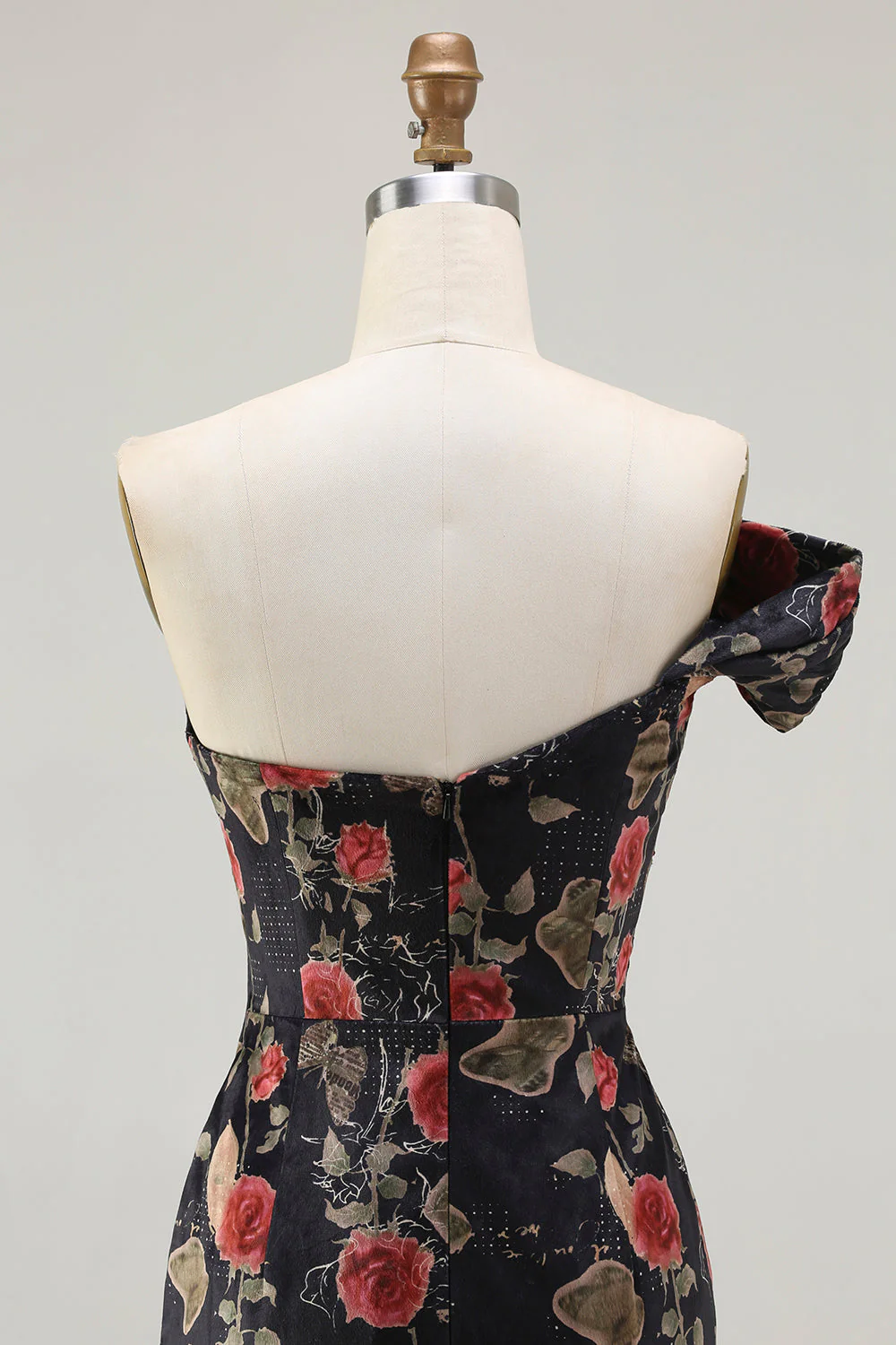 Black One Shoulder Sheath Red Floral Print Long Prom Dress with Flowing Train - Image 8