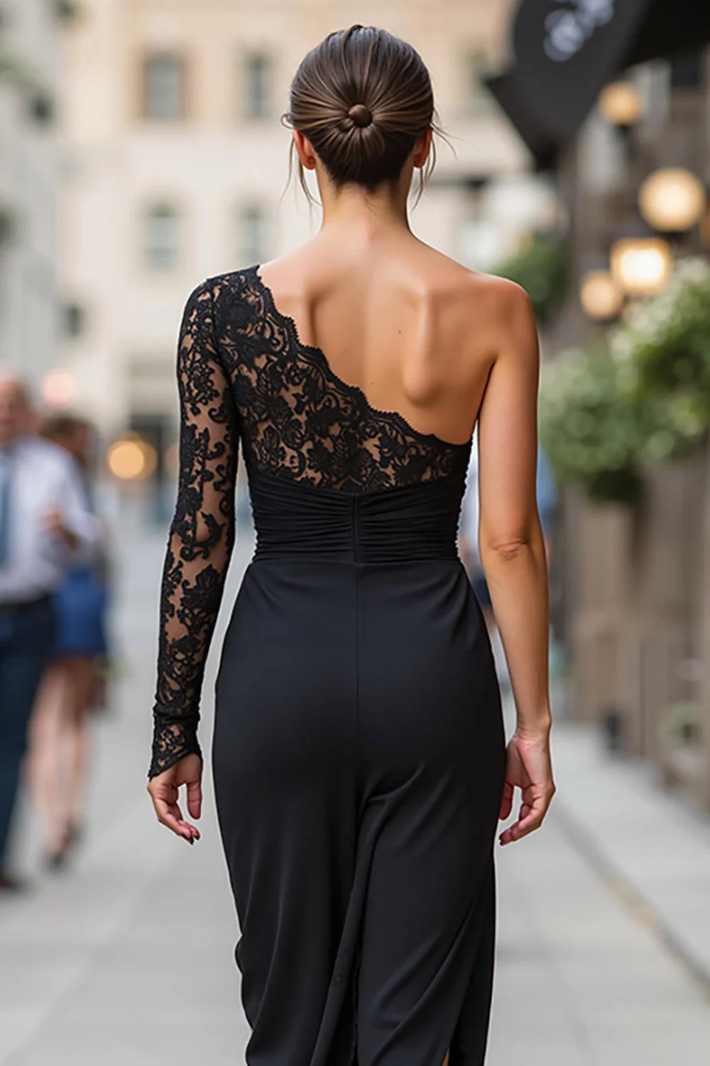 Black One Shoulder Sheath Ruched Midi Mother of the Bride Dress with Slit - Image 4