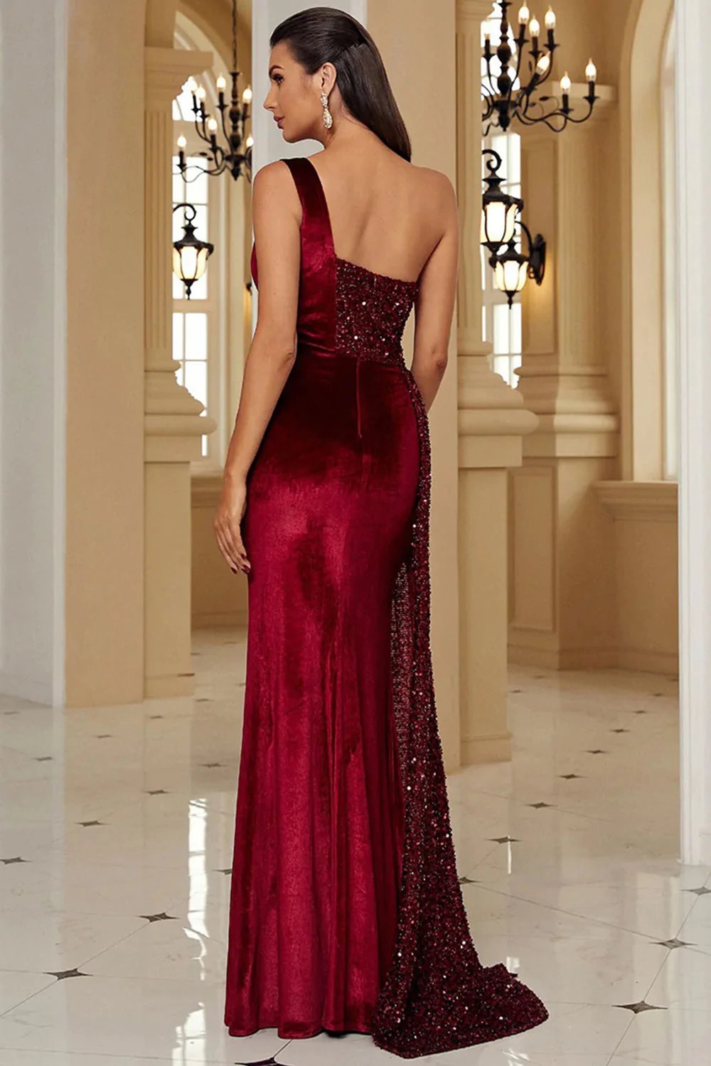 Black One Shoulder Sheath Sequin Evening Dress with Slit - Image 5