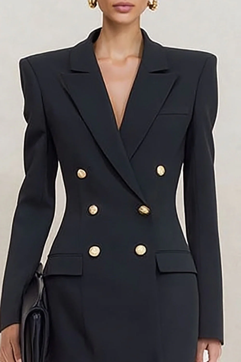 Black Peak Lapel Double Breasted Bodycon Mini Work Dress - Image 3