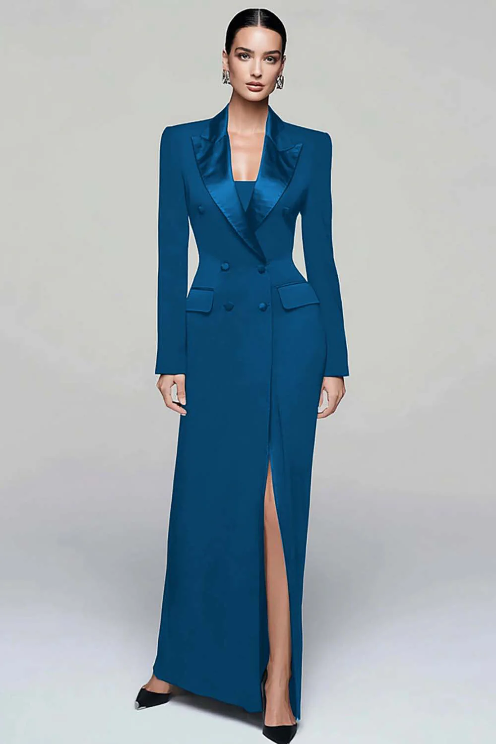 Black Peak Lapel Double Breasted Women's Blazer Dress with Slit - Image 10