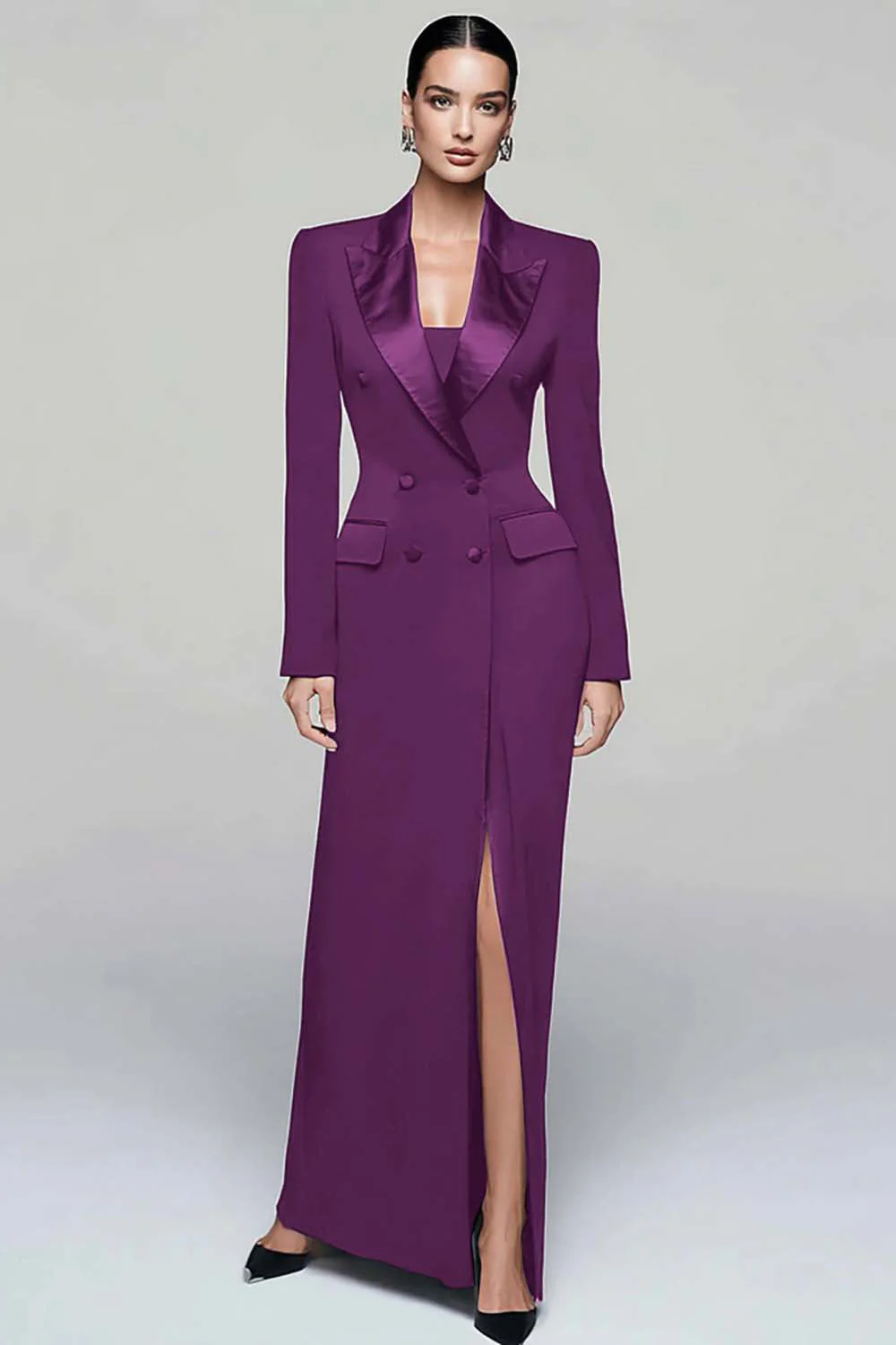 Black Peak Lapel Double Breasted Women's Blazer Dress with Slit - Image 11