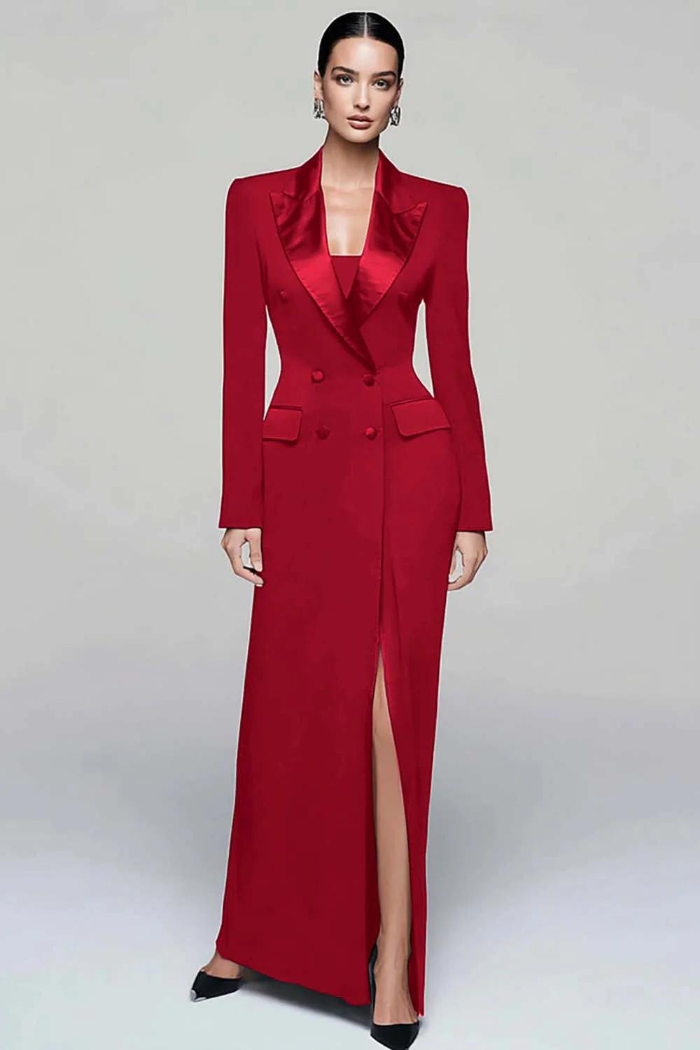 Black Peak Lapel Double Breasted Women's Blazer Dress with Slit - Image 12