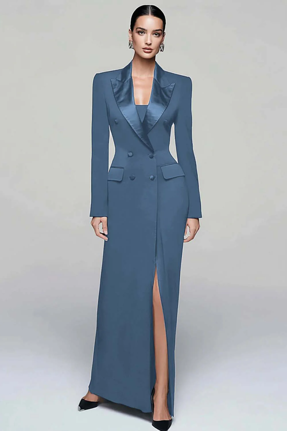 Black Peak Lapel Double Breasted Women's Blazer Dress with Slit - Image 15