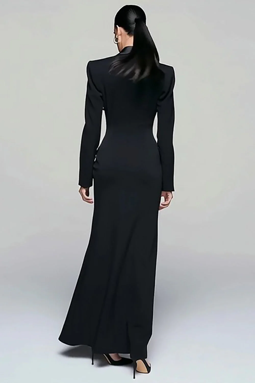 Black Peak Lapel Double Breasted Women's Blazer Dress with Slit - Image 2