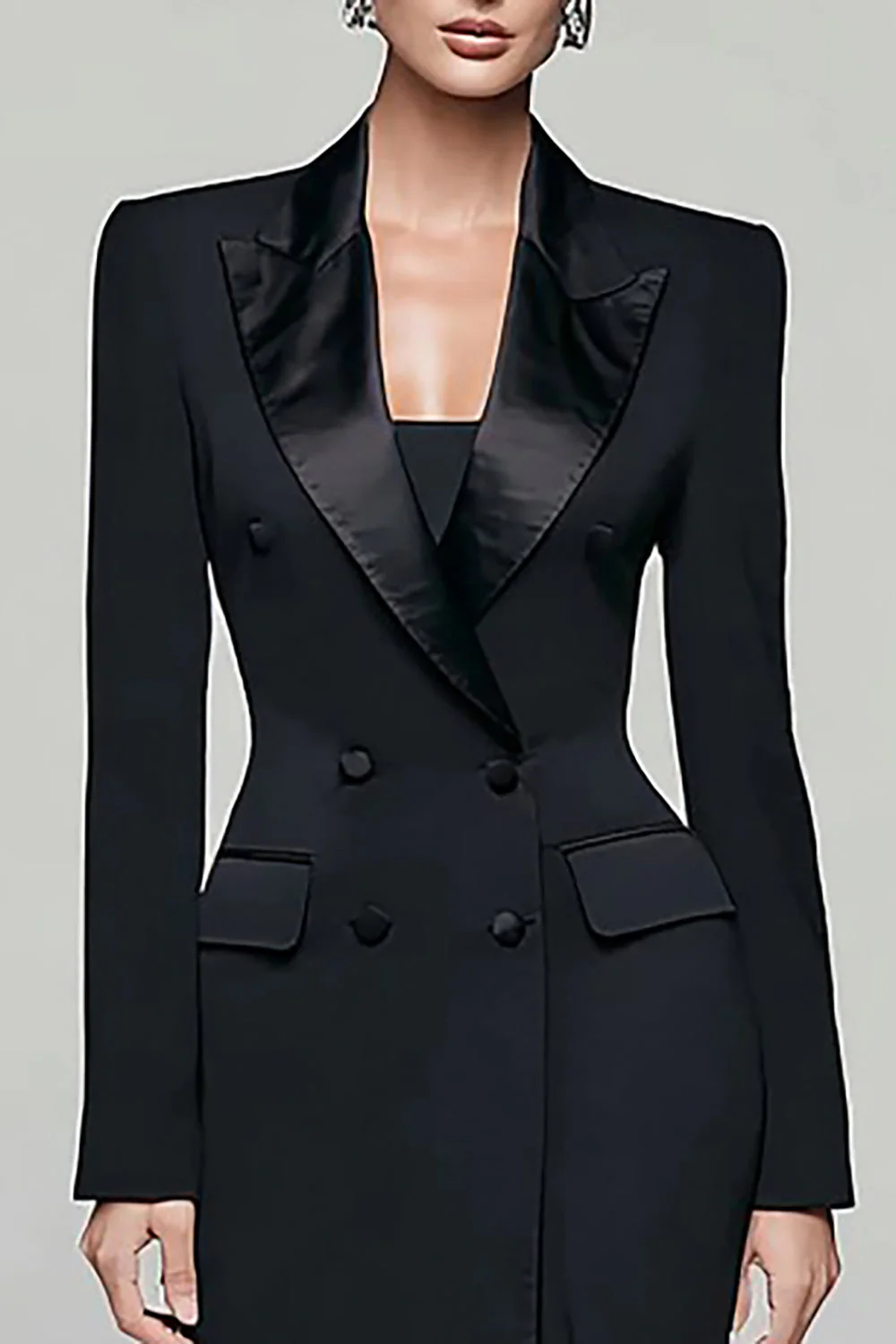 Black Peak Lapel Double Breasted Women's Blazer Dress with Slit - Image 3