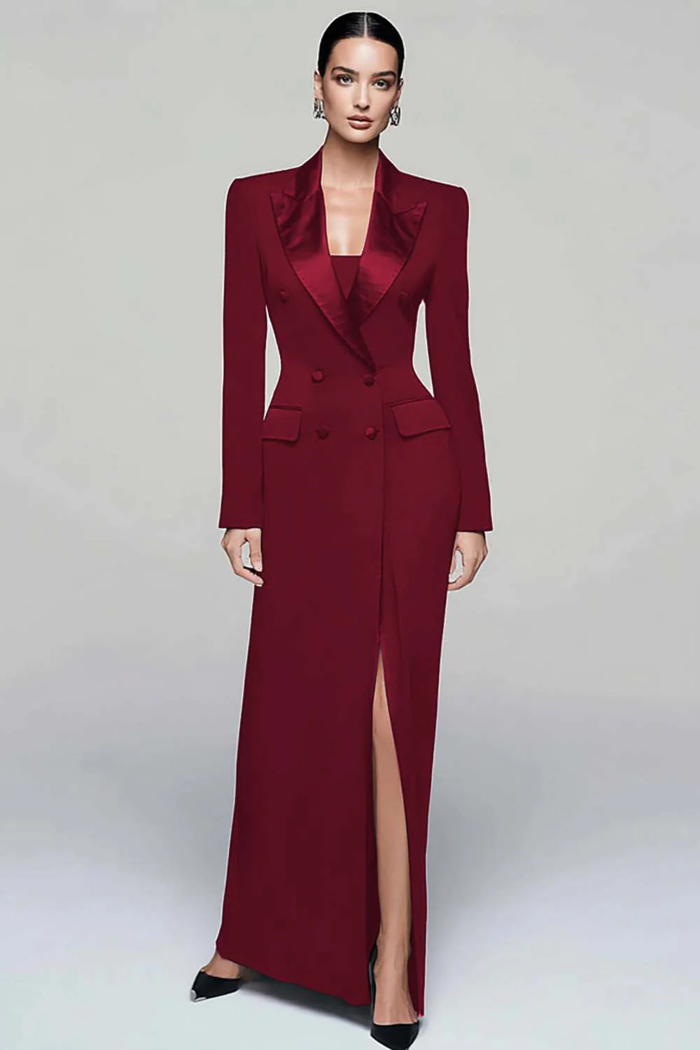 Black Peak Lapel Double Breasted Women's Blazer Dress with Slit - Image 5
