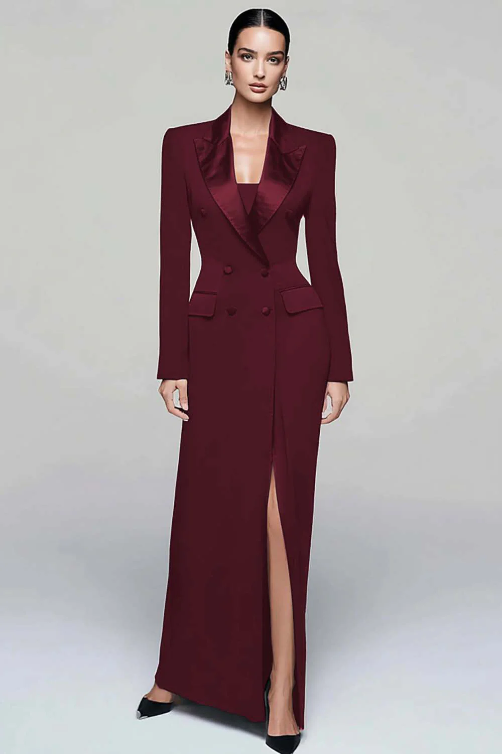 Black Peak Lapel Double Breasted Women's Blazer Dress with Slit - Image 6