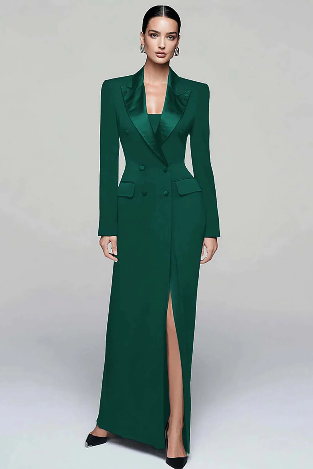 Black Peak Lapel Double Breasted Women's Blazer Dress with Slit - Image 7