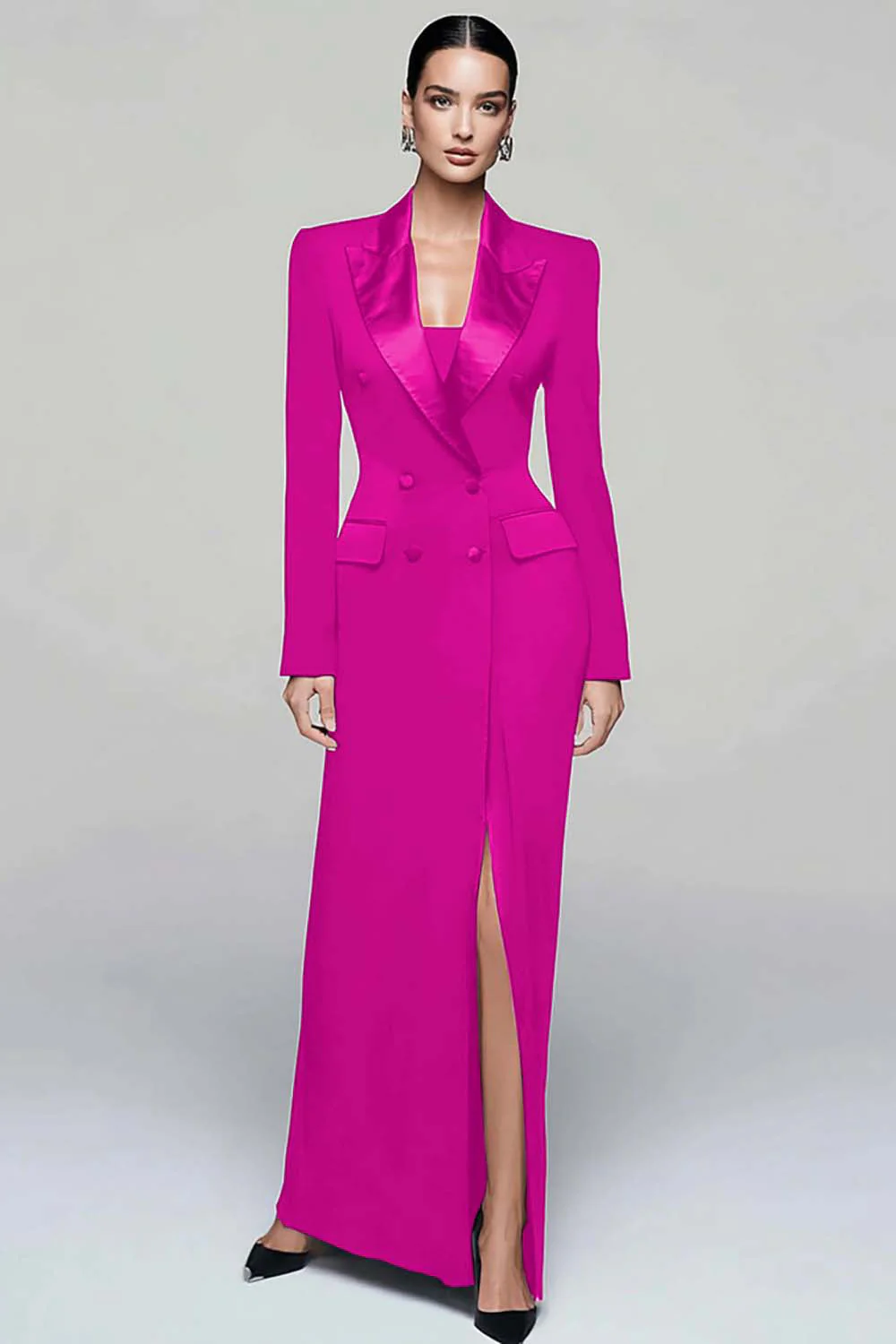 Black Peak Lapel Double Breasted Women's Blazer Dress with Slit - Image 9