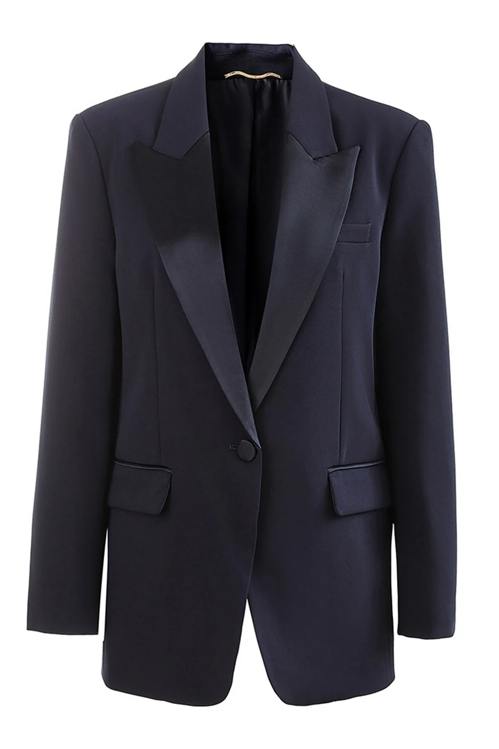 Black Peak Lapel One Button Satin Blazer - Image 5