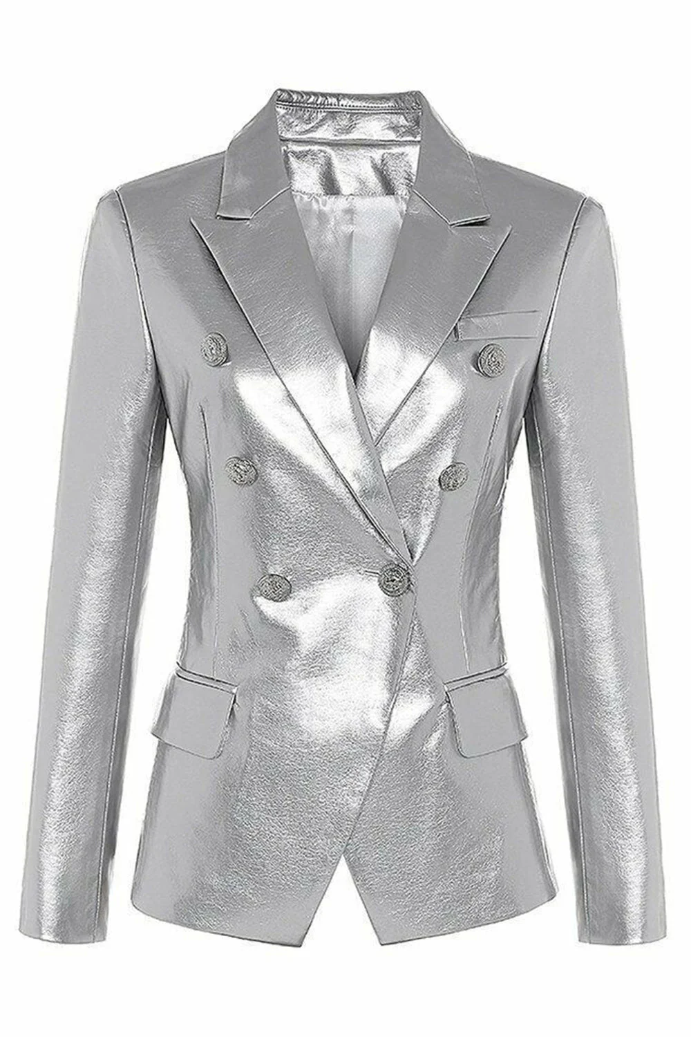 Black Peak Lapel PU Leather Women Blazer - Image 3