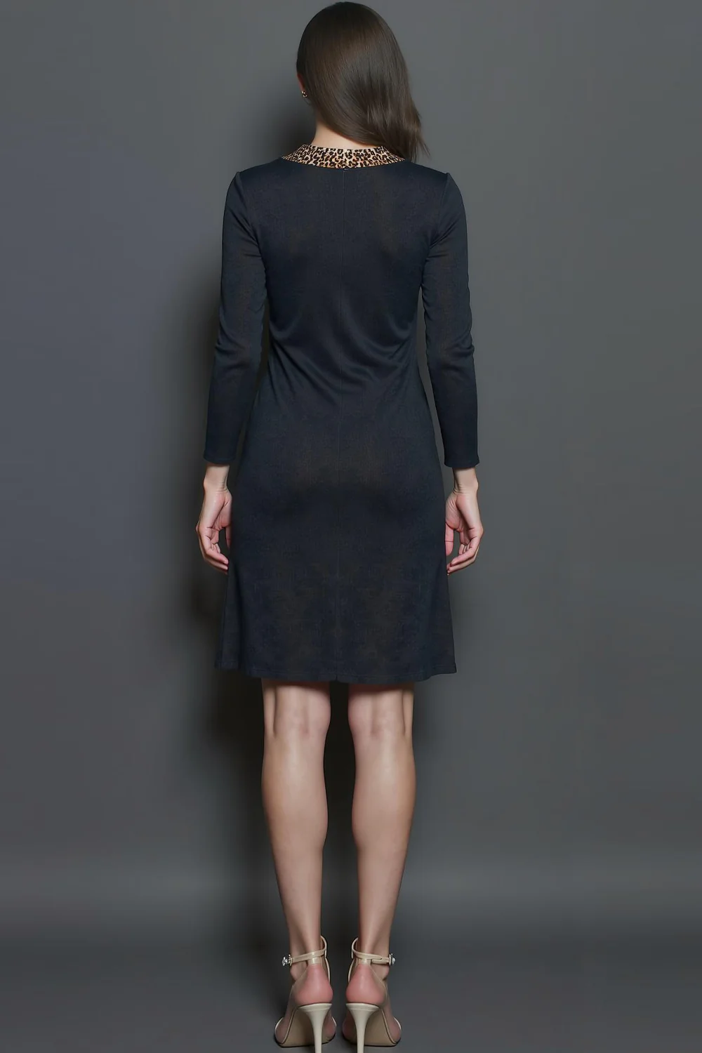 Black Pencil Round Neck Midi Work Dress with Long Sleeves - Image 2