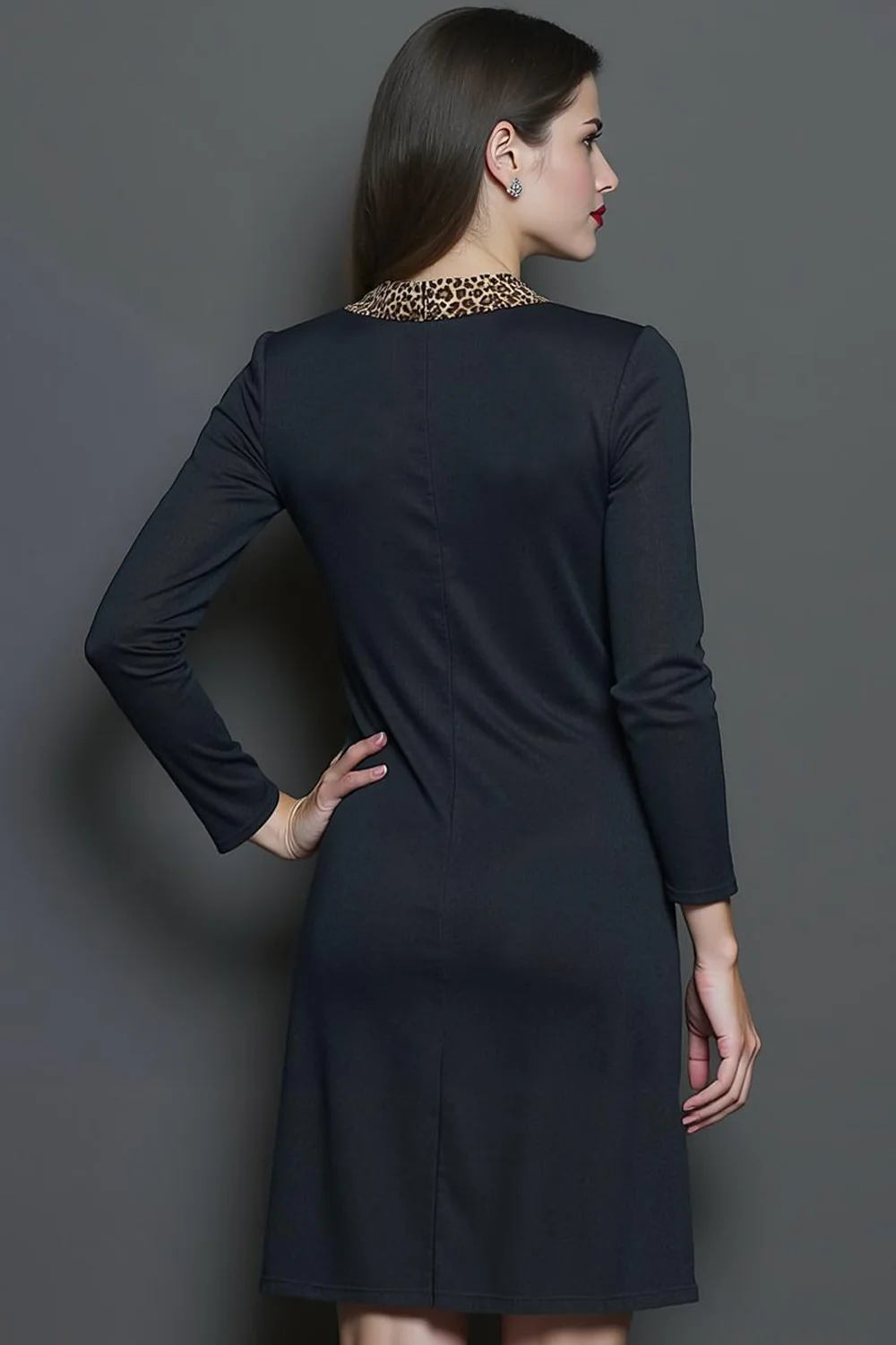 Black Pencil Round Neck Midi Work Dress with Long Sleeves - Image 5