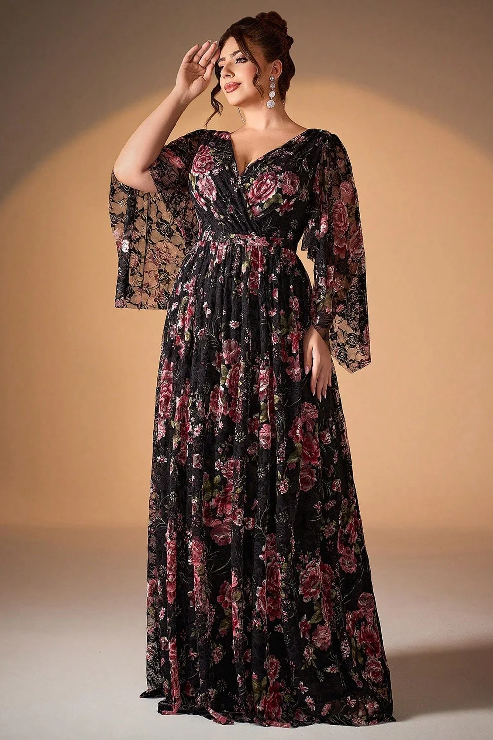 Black Pink Floral A Line Long Sleeve Mother of the Bride Dress - Image 3