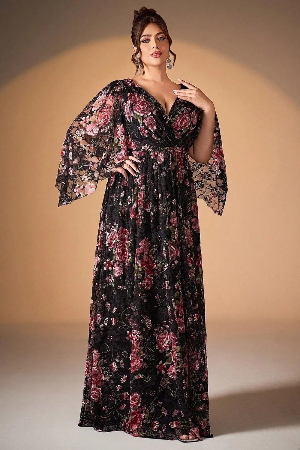 Black Pink Floral A Line Long Sleeve Mother of the Bride Dress - Image 4
