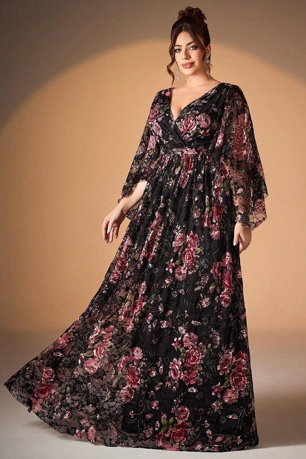 Black Pink Floral A Line Long Sleeve Mother of the Bride Dress - Image 5