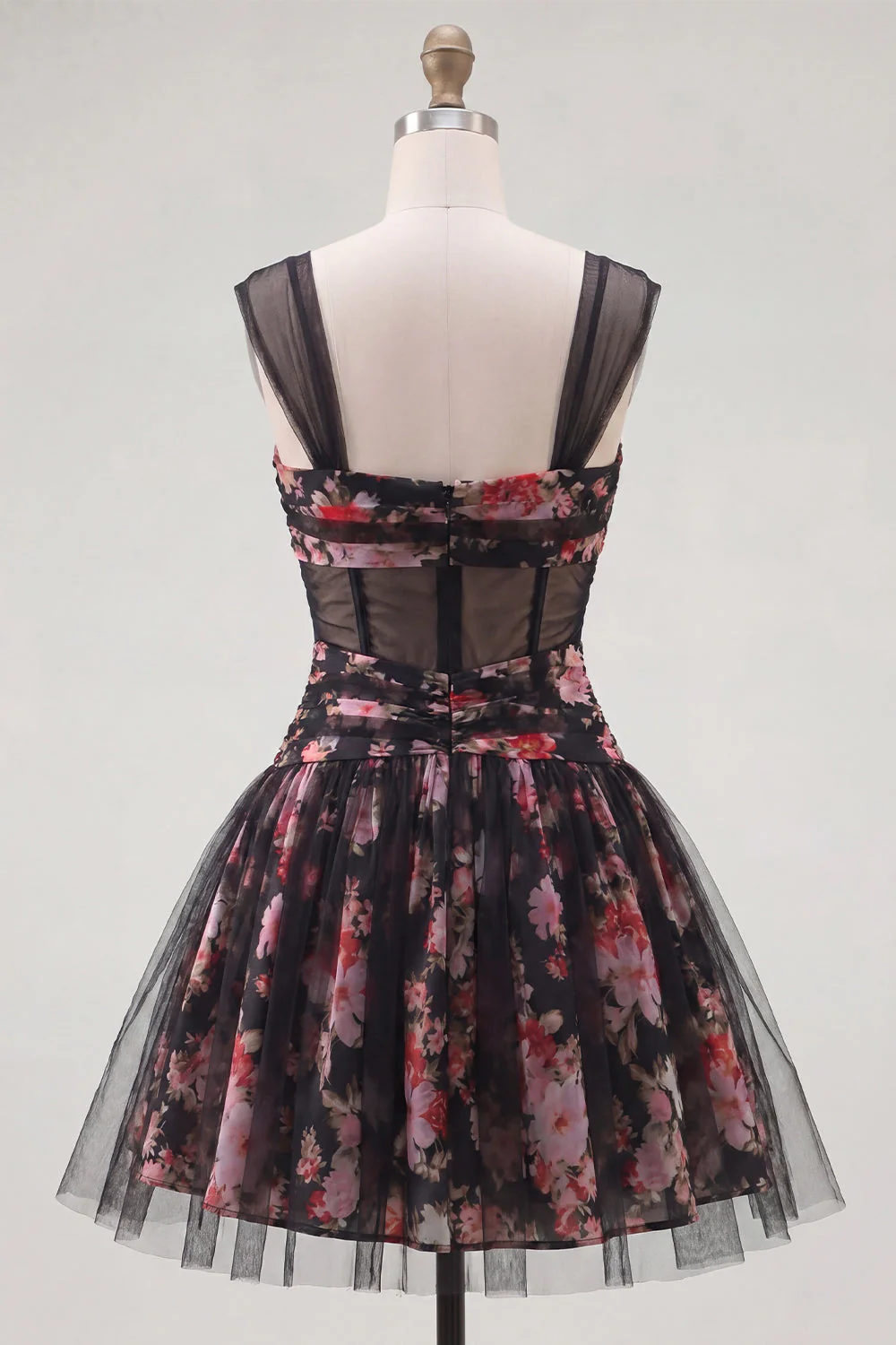 Black Sheer Corset Floral A Line Ruched Short Cocktail Dress - Image 2