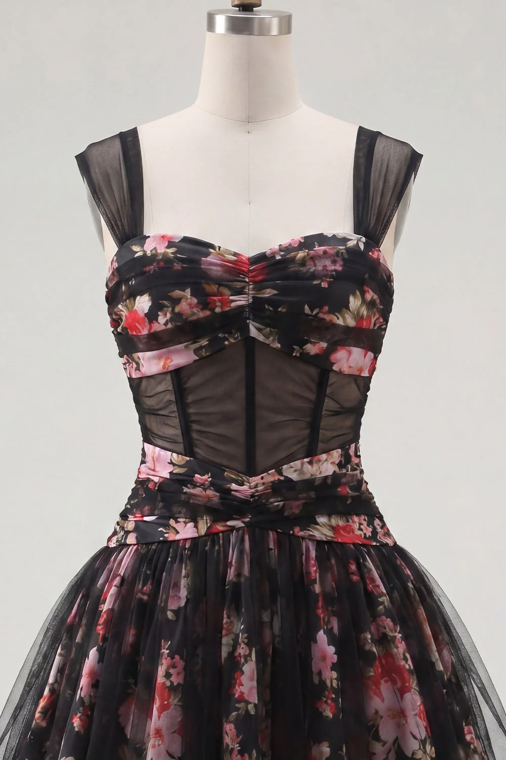 Black Sheer Corset Floral A Line Ruched Short Cocktail Dress - Image 5