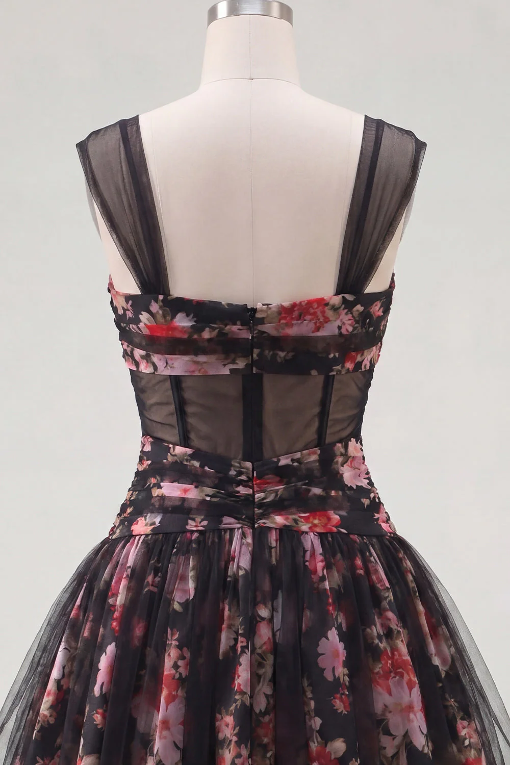 Black Sheer Corset Floral A Line Ruched Short Cocktail Dress - Image 6