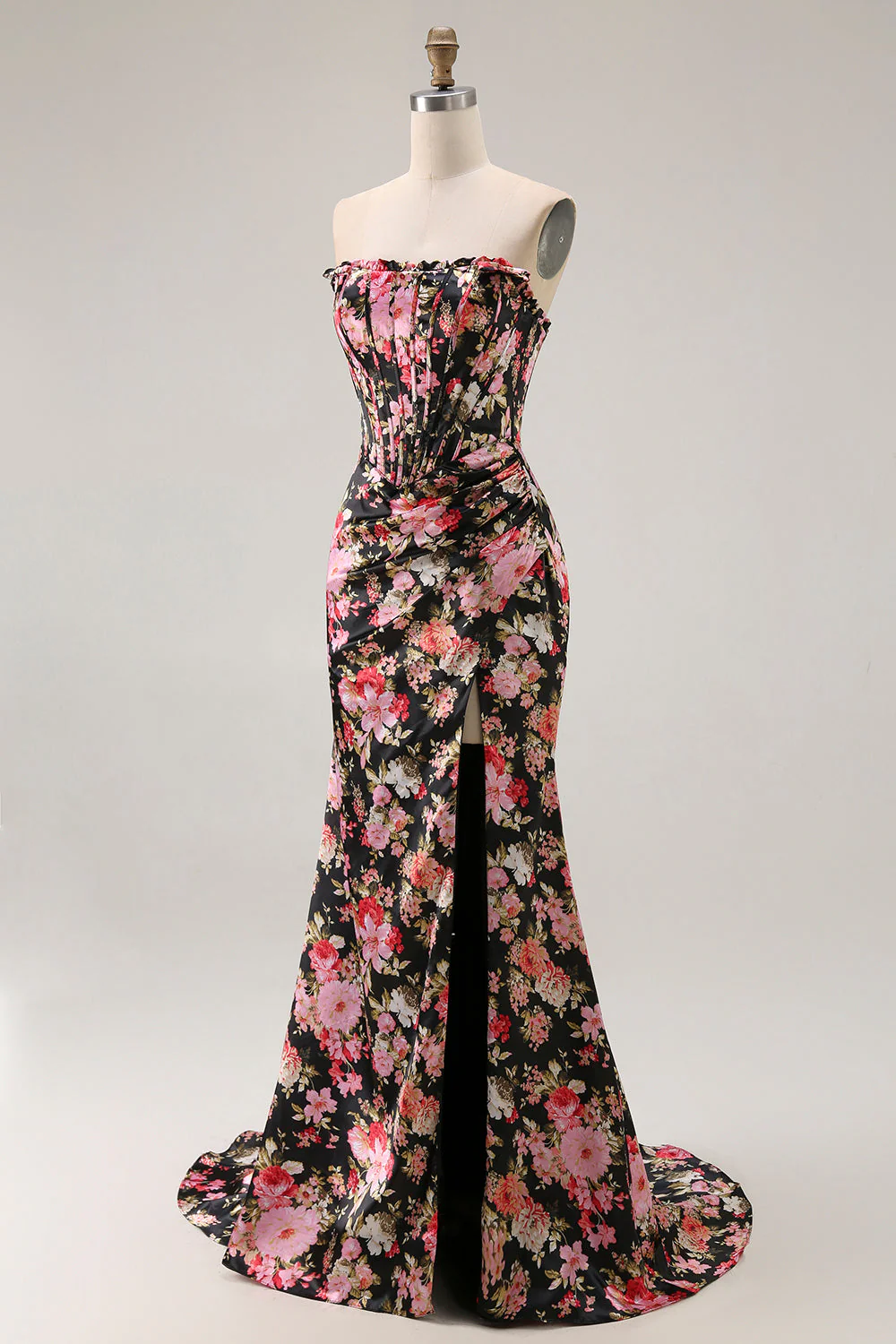 Black Pink Floral Mermaid Strapless Corset Long Prom Dress with Slit - Image 3