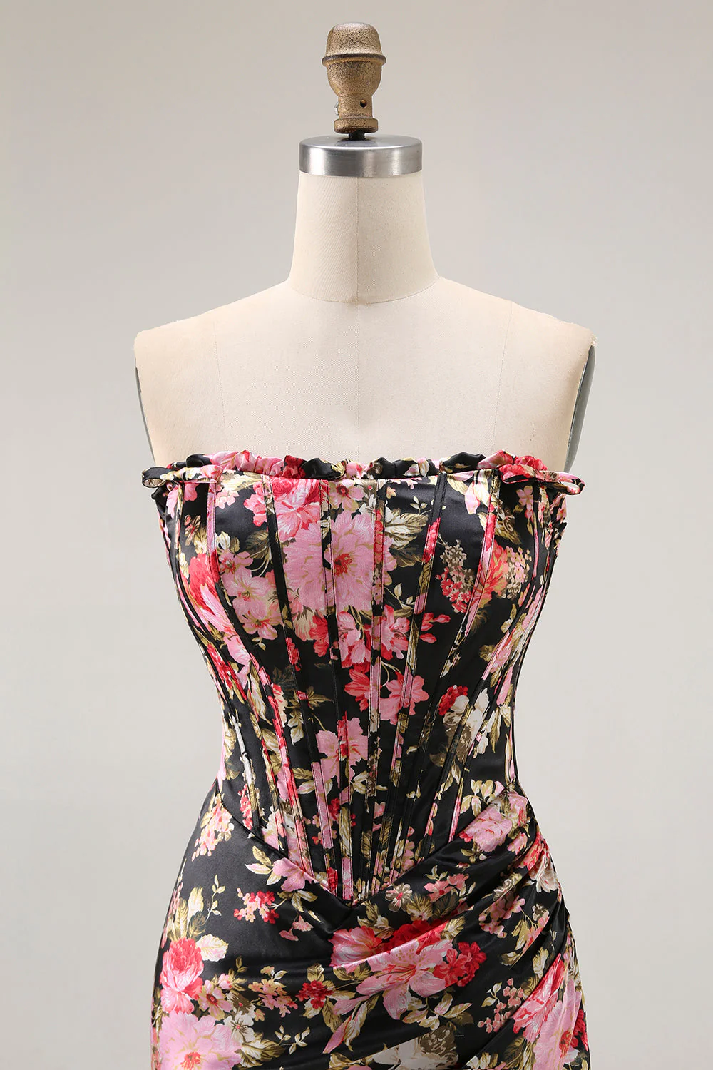 Black Pink Floral Mermaid Strapless Corset Long Prom Dress with Slit - Image 4